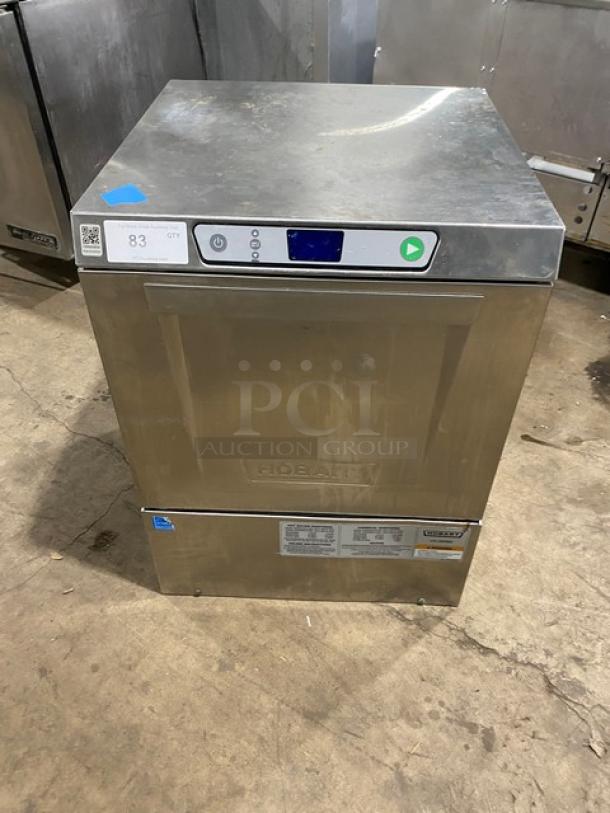 Hobart LXEH undercounter dishwasher, stainless steel, electric, high-temp, model LXEH, serial 23-1150-000, 120/208-240V, 1 phase.