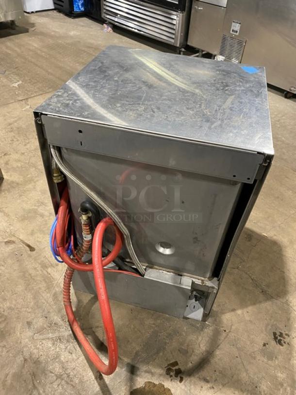 Hobart LXEH undercounter dishwasher, stainless steel, Model LXEH, electric, high temp, visible hoses, used condition.