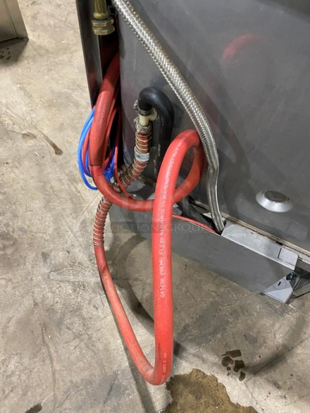 Hobart LXEH commercial undercounter dishwasher, stainless steel, electric, high-temp model, visible connections, SN: 23-1150-000.