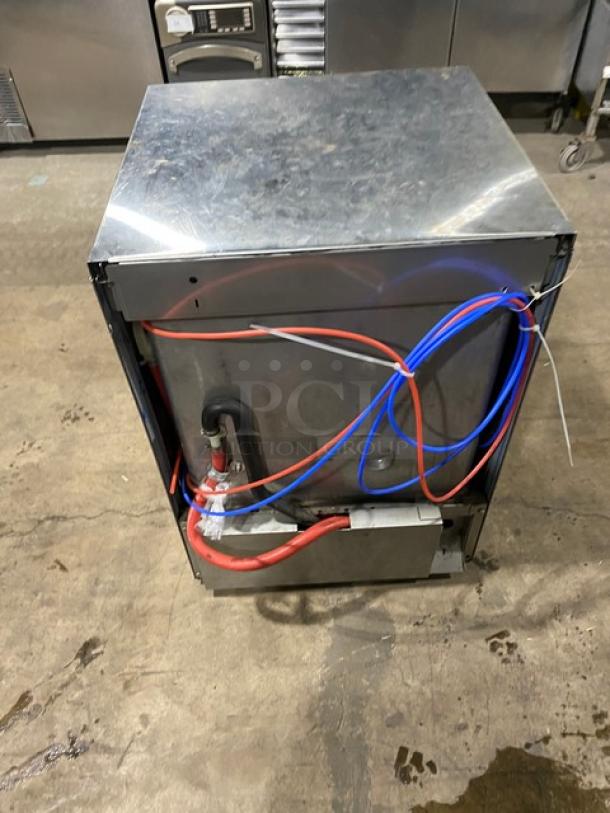 Hobart LXEH undercounter dishwasher, stainless steel, high-temp, electric, 120/208-240V, commercial-grade, rear view.