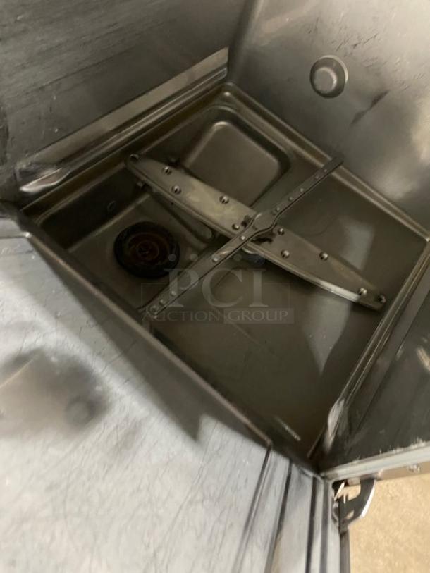 Hobart LXEH commercial undercounter dishwasher, stainless steel interior, high temperature, model LXEH, electric powered.