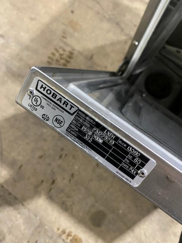 Hobart LXEH undercounter dishwasher label, showing Model LXEH, Serial 231229219, voltage 120/208-240V, 1 Phase, NSF certified.