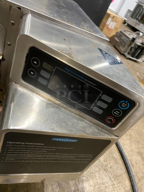 TurboChef HCS1618 stainless steel conveyor oven, electric, countertop, used, model tag visible.