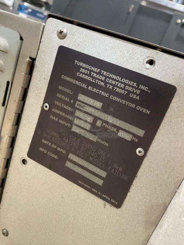 TurboChef commercial stainless steel electric conveyor oven, model HCS1618. Serial: 1618ED01234, 208/240V, 1 phase.