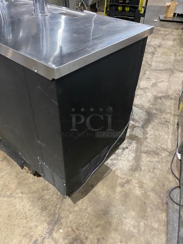 BEVERAGE AIR DD68 dual tower beer kegerator, stainless steel top, black body, 2 tap dispensers, model DD68, serial 4507229.