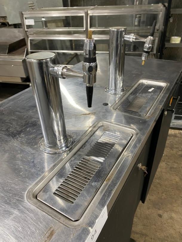 Beverage Air DD68 commercial kegerator with dual tower beer dispensers. Model DD68, Serial 4507229. Stainless steel, used condition.