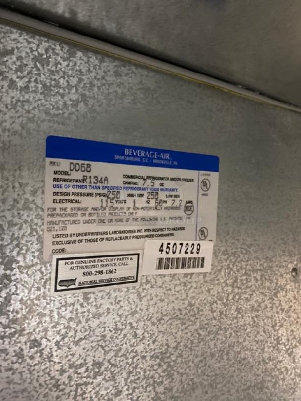 Beverage Air Commercial Kegerator model DD68, serial 4507229. Display shows specs including refrigerant type R134A and voltage 115V.