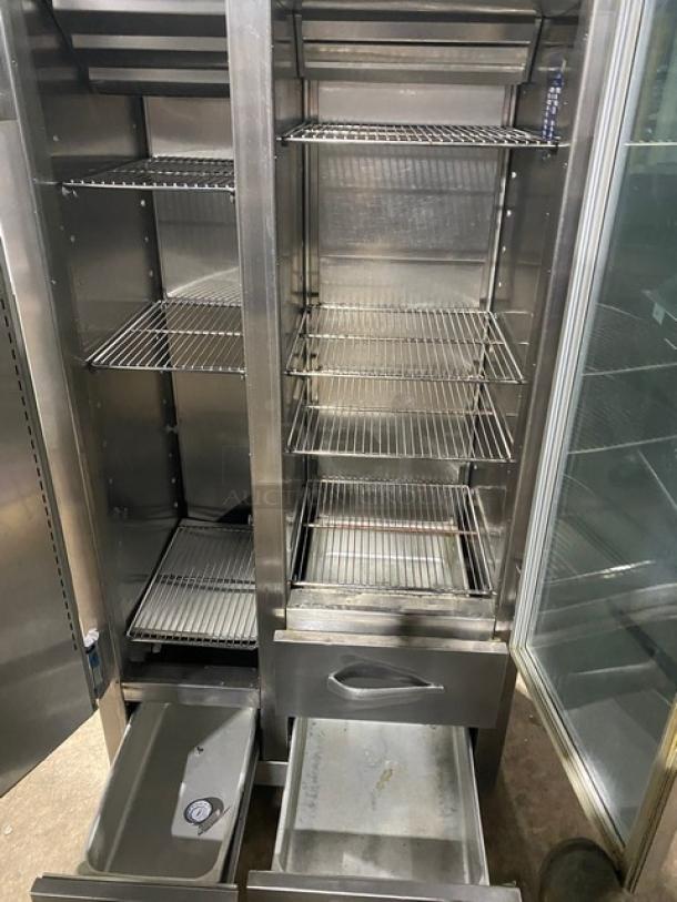 Traulsen stainless steel 2-door, 3-drawer refrigerator/freezer combo Model URS36DT. Features chrome-plated racks. Serial M845670 5N.