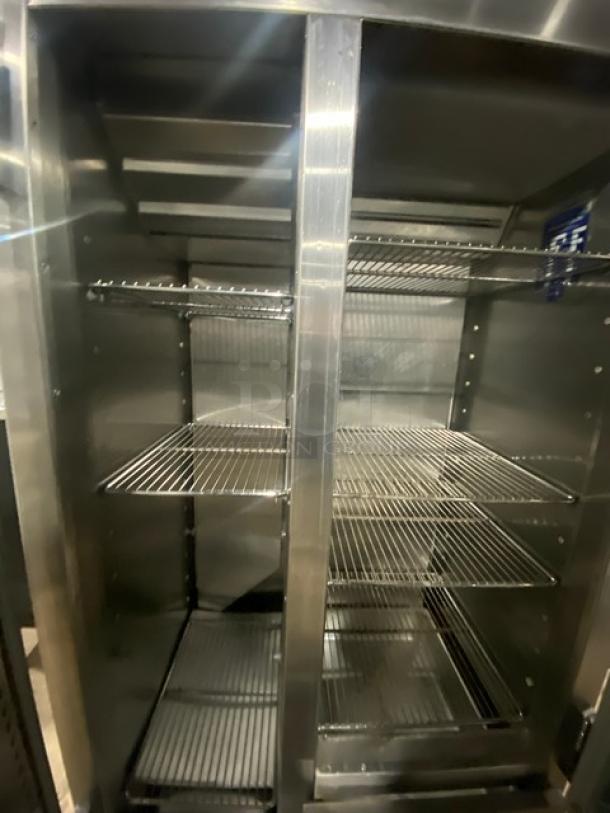 Traulsen URS36DT commercial stainless steel refrigerator/freezer combo with dual-zone, chrome-plated wired racks. Model: URS36DT.