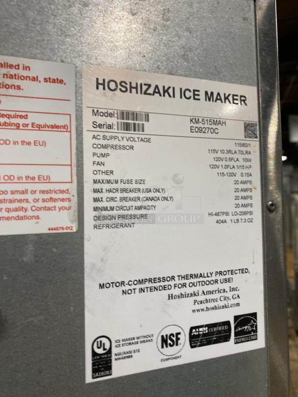 Hoshizaki KM-515MAH ice maker label showing model, serial number E09270C, and specifications including 120V, 1 phase power.