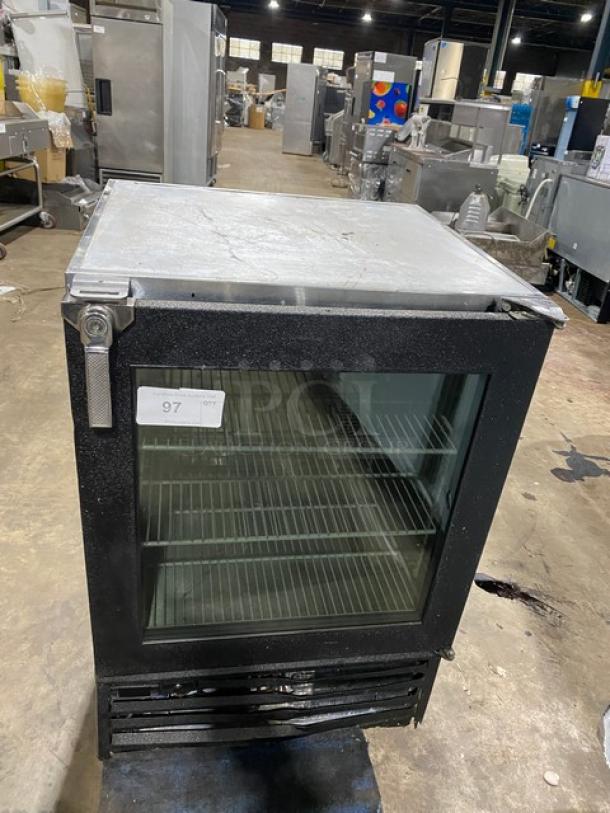 Glastender 2018 commercial stainless steel and black single glass door mug chiller, model MFV24GNL, with wired rack.