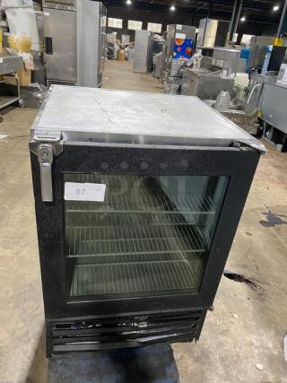 Glastender 2018 commercial stainless steel and black single glass door mug chiller, model MFV24GNL, with wired rack.