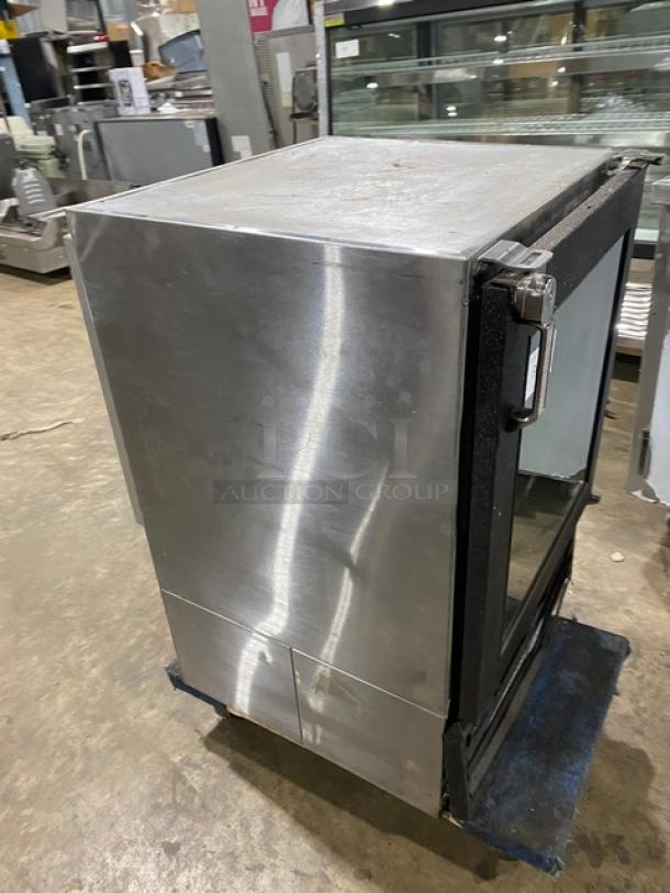 Glastender MFV24GNL 2018 commercial stainless steel mug chiller with black powder-coated single glass door, poly coated rack.