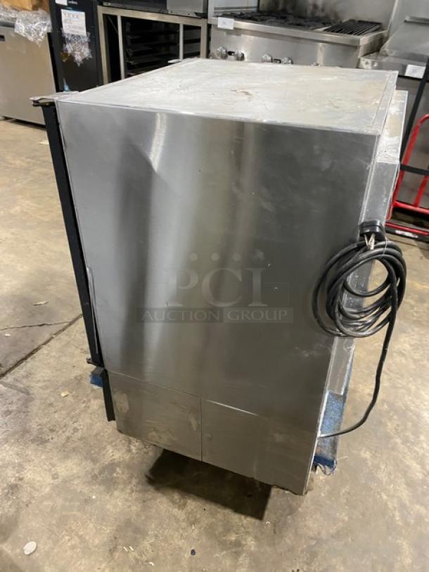 Glastender 2018 stainless steel/black countertop mug chiller, Model MFV24GNL, SN: 404184805, with poly coated rack.