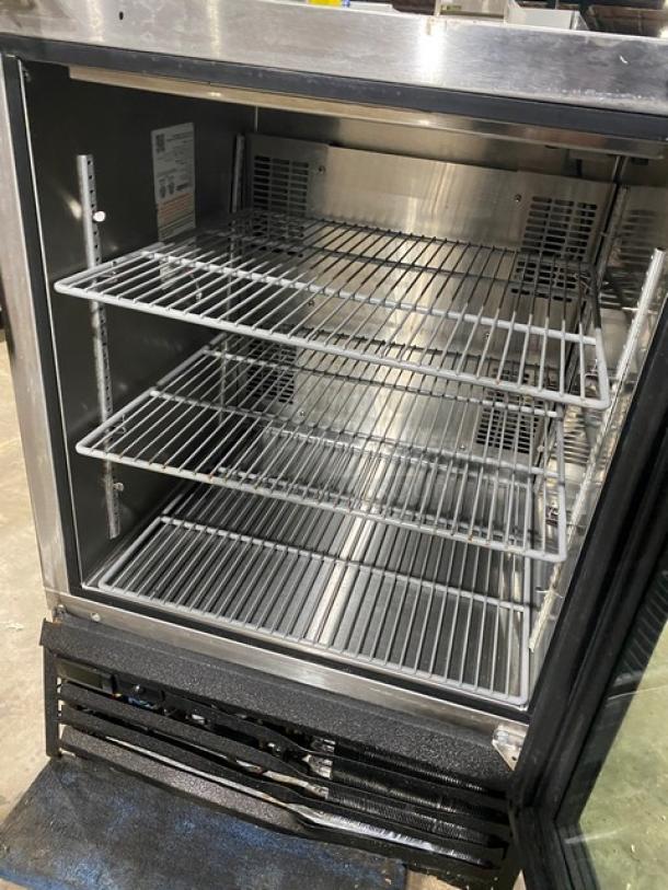 Glastender MFV24GNL 2018 commercial mug chiller with glass door, stainless steel interior, three poly-coated wire racks, 120V.