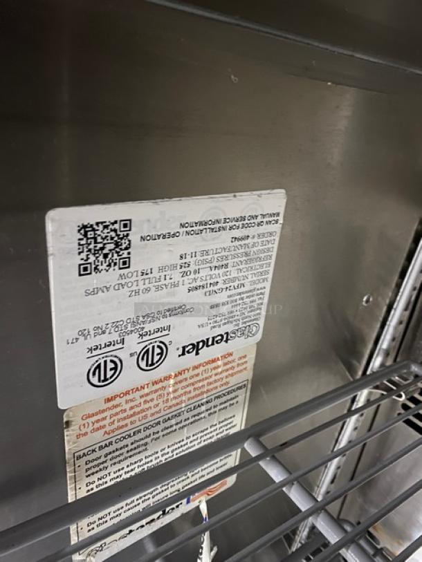 Glastender commercial stainless steel mug chiller, Model MFV24GNL, with poly coated wired rack, 2018, 120V, used condition.