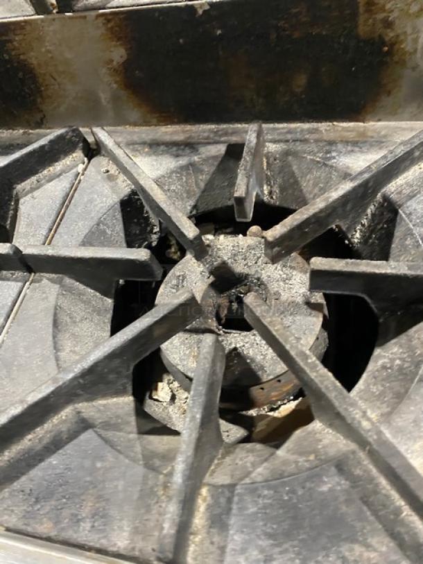 Star Ultra-Max Series 6 burner hot plate, model 806HA-8U, with thermostatic controls on stainless steel and stand. Well-used condition.