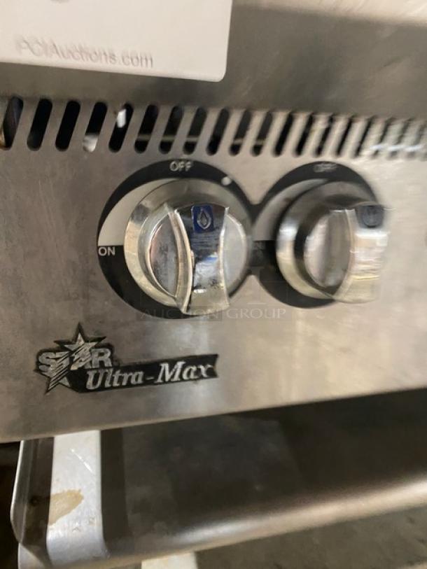 Star Ultra-Max 806HA-8U commercial stainless steel 6-burner hot plate, natural gas, thermostatic controls, on shelf stand.