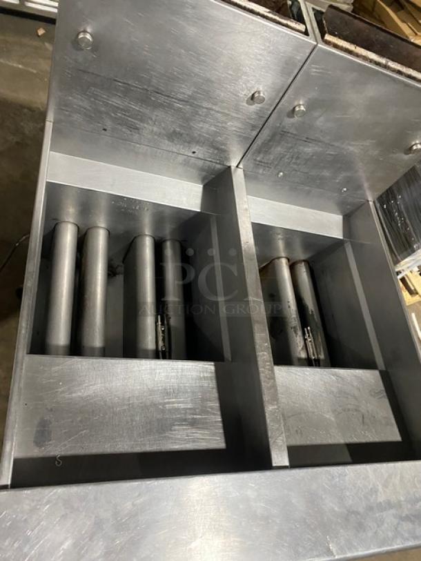 Pitco Solstice Supreme Series SSH55 deep fat fryer with filtration system, stainless steel, 2-bay, 50Lb. capacity, on casters.