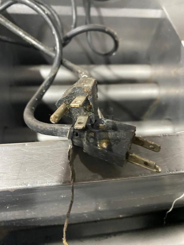 Pitco Solstice Supreme Series fryer with signs of wear. Includes plug, model SSH55, stainless steel, on casters.