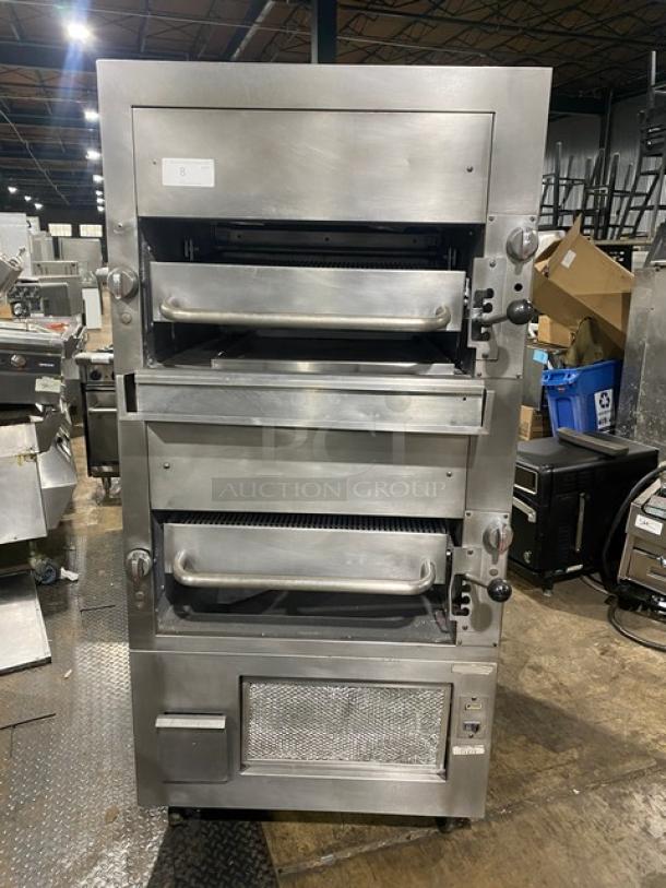 Southbend commercial stainless steel double deck infrared broiler on casters, gas-powered, upright, excellent condition.