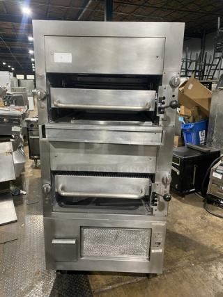 Southbend commercial stainless steel double deck infrared broiler on casters, gas-powered, upright, excellent condition.