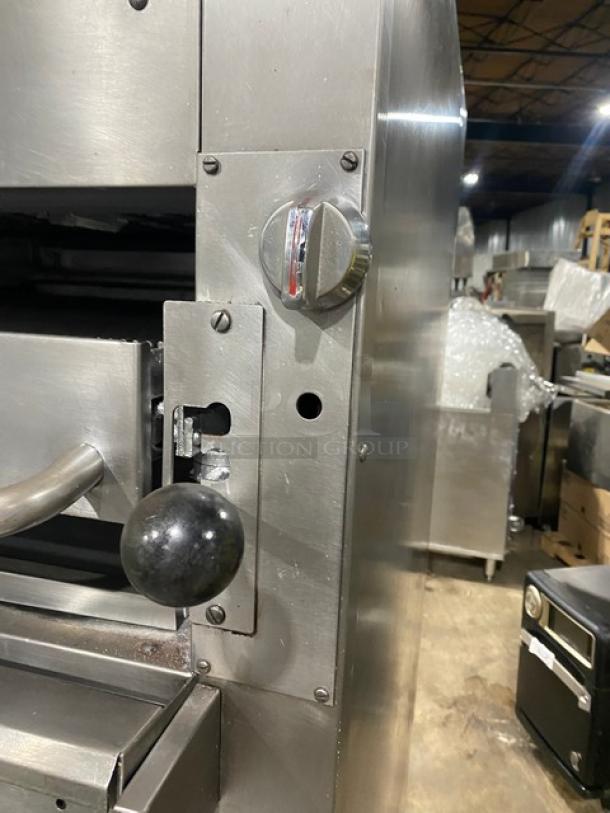 Southbend stainless steel gas-powered double-deck infrared broiler, free-standing on casters. Sturdy, commercial-grade.