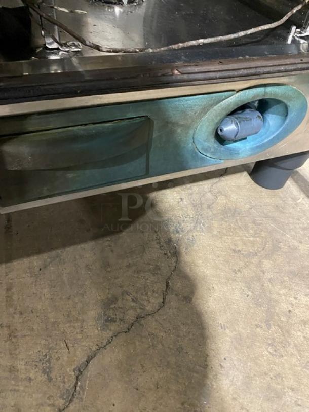 Rational SelfCooking Center Commercial Combi Oven, stainless steel, built-in pan slide, on legs, visible wear on controls.