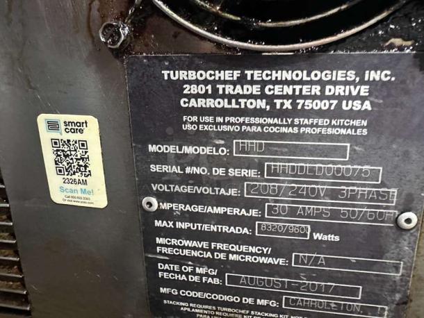 TurboChef Double Batch HHD-9500 oven tag shows 208/240V, 3 Phase, 30 Amps, made August 2017. Model HHD. Outstanding condition.