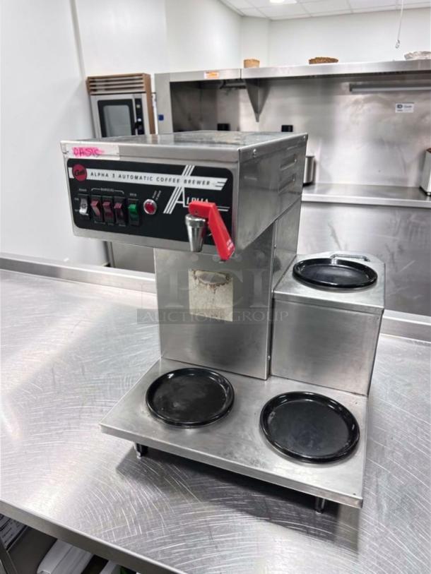 Wilbur Curtis Alpha AP-1D coffee brewer in excellent condition, stainless steel, 120V, NSF certified, three warming plates.