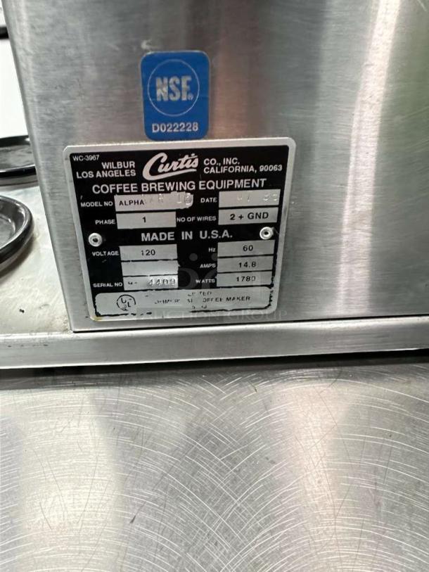 Wilbur Curtis Alpha AP-1D coffee brewer, NSF certified, 120V. Excellent condition with model label. Made in USA.