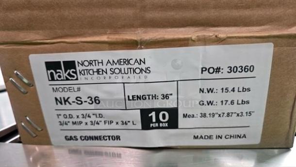 Box of 10 NAKS NK-S-36 gas connector hoses, 36" length, 3/4" MIP × 3/4" FIP. Fully tested and operational.