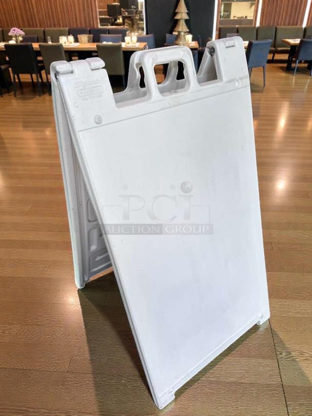 Plasticade Signicade A-frame sidewalk sign in pristine condition. Heavy-duty plastic, made in USA. Model PLA-S-SIGN-0616.