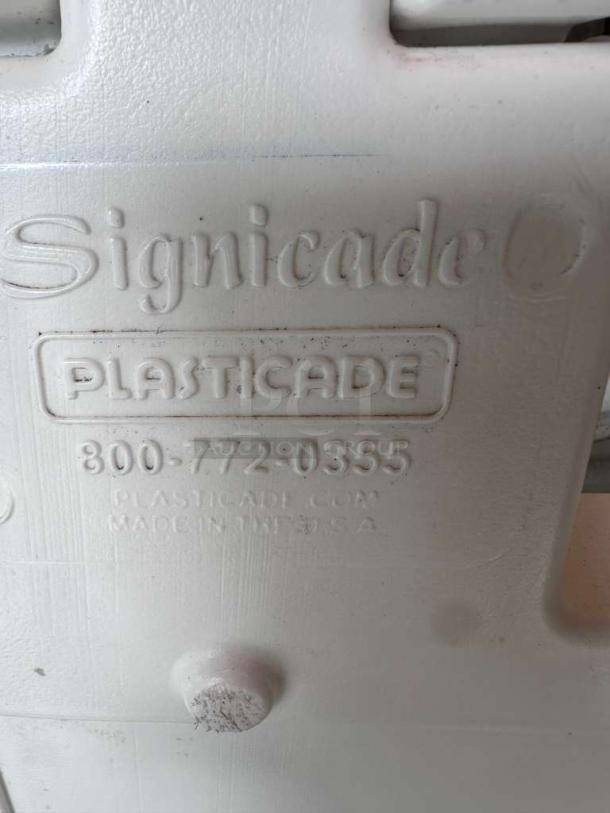 Pristine Plasticade Signicade A-Frame Sign, heavy-duty plastic, made in USA, clear labeling with model and contact info visible.