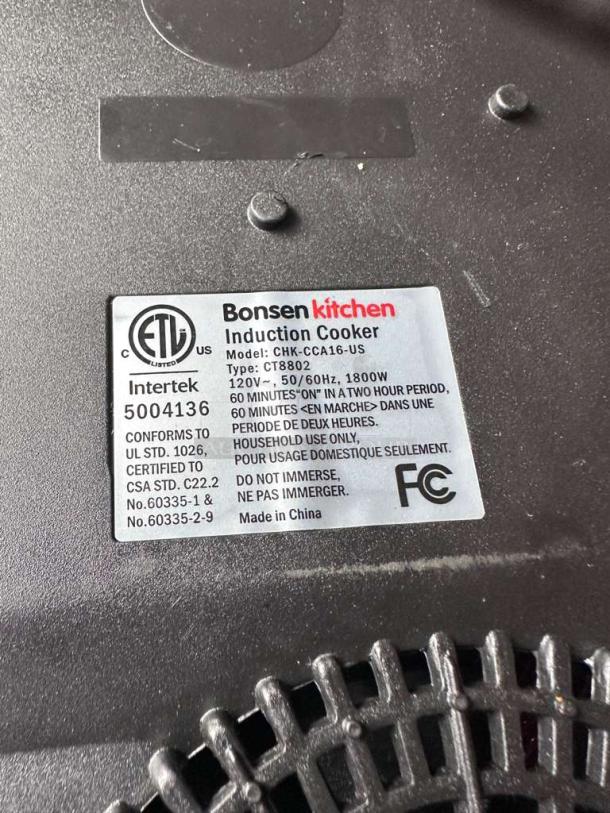 Bonsenkitchen CHK-CCA16-US induction cooktop label, 1800W, ETL listed, model details, compliance, made in China.