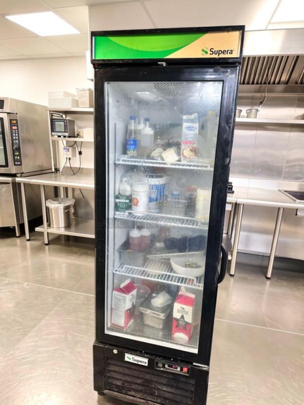 Supera G1M-16-B-1 commercial glass door merchandiser refrigerator, ETL listed, superior condition, 115V, fully operational.