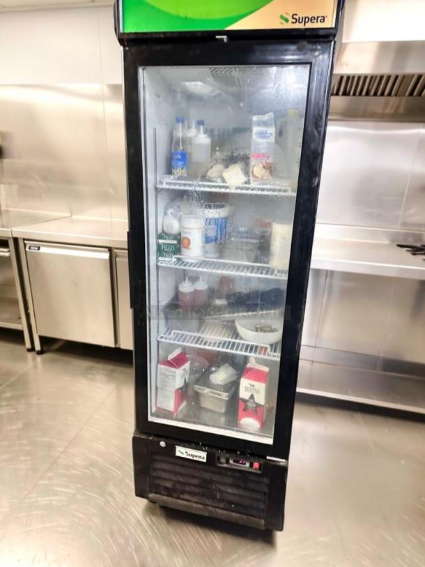 Supera G1M-16-B-1 commercial glass door merchandiser refrigerator, 115V, ETL listed, superior condition, fully tested.