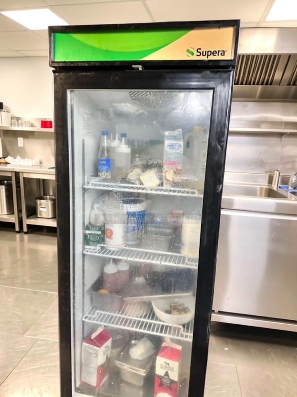 Supera G1M-16-B-1 glass door merchandiser fridge; excellent condition, ETL listed, 115V, fully tested & operational.