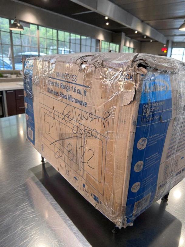 Brand new KoolMore KM-MOT-1SS over-the-range microwave, 1.6 cu. ft., stainless steel, in original box with visible label and model number.