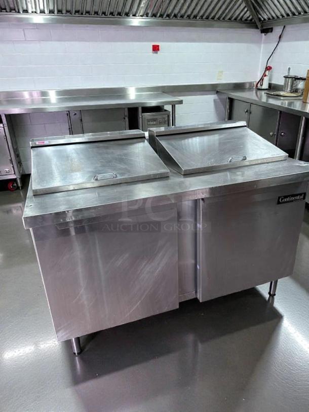 Continental refrigerated prep table, stainless steel, excellent condition. NSF & UL listed, fully tested, two compartments.