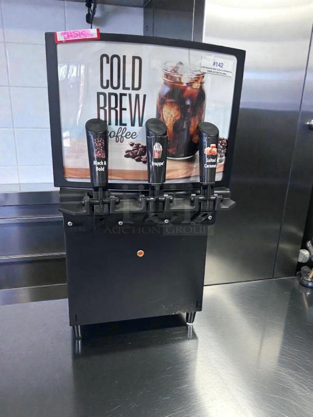 GoodWest GW2/GW3 commercial cold brew coffee dispenser in excellent condition, 115V, fully tested, featuring three labeled taps.