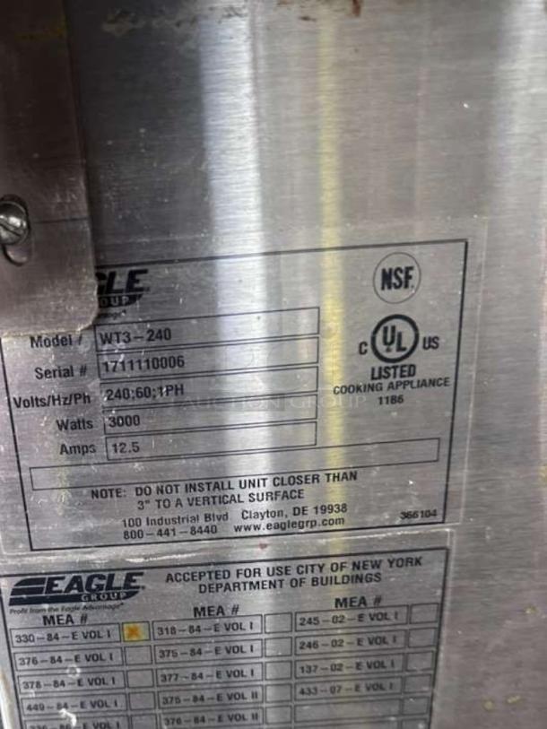 Eagle Group WT3-240 steam table in superior condition, stainless steel, UL & NSF listed, model and serial plate details shown.