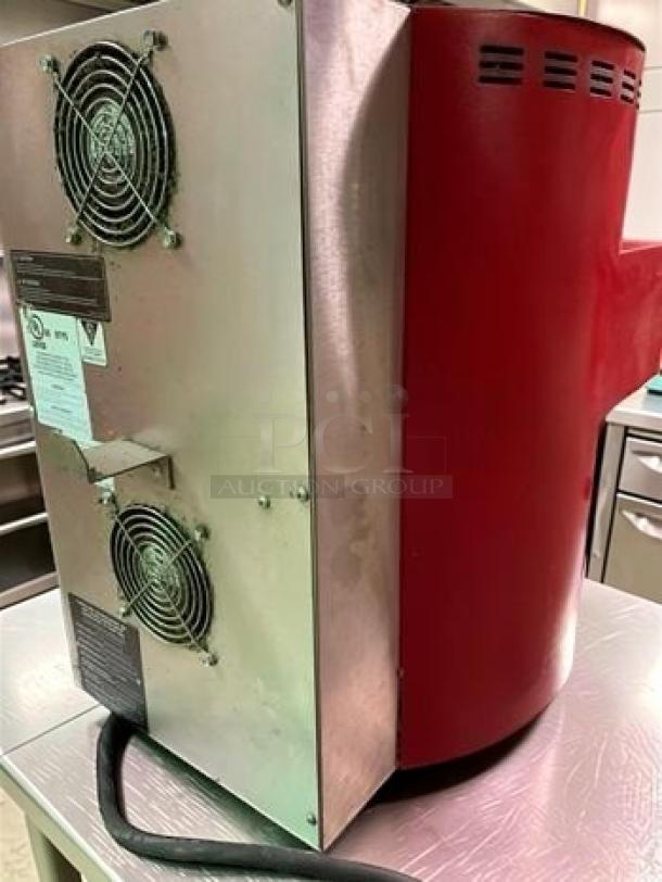 TurboChef Fire commercial pizza oven, ventless countertop model. Red and steel finish, dual cooling fans, fully operational.