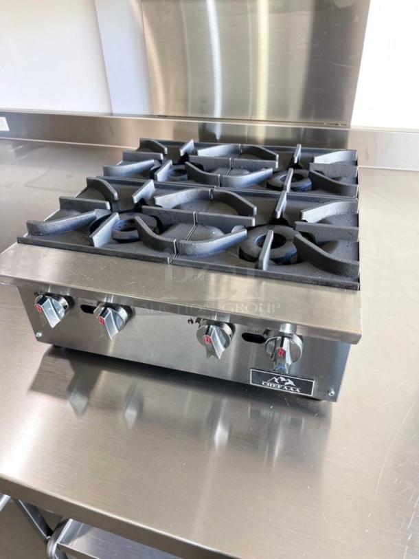 Crestware TCHPA24 gas hot plate, 4-burner, stainless steel, commercial countertop range, fully tested, in prime condition.