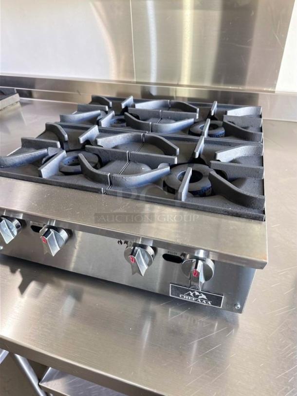 Crestware TCHPA24 gas hot plate, 4 burners, stainless steel, excellent condition, fully tested and operational.