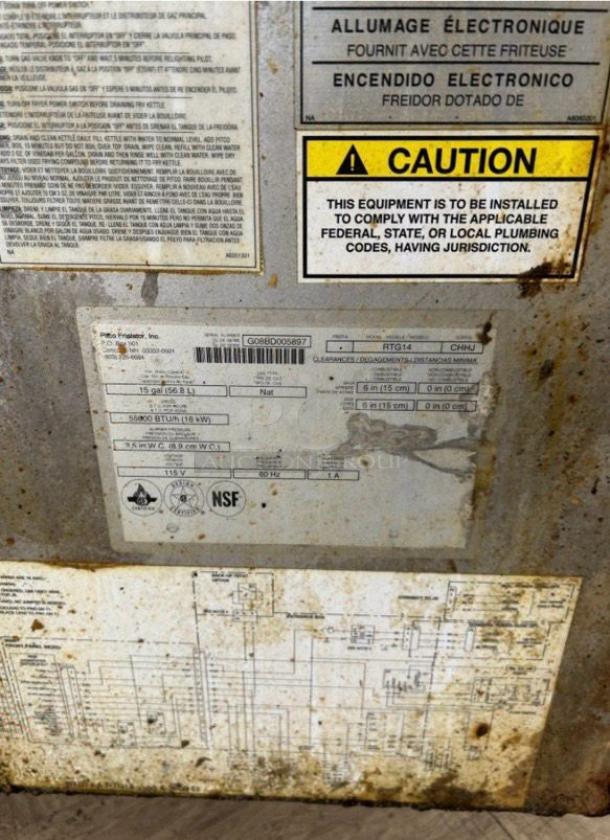 Pitco RTG14 commercial gas deep fryer label showing model, 15-gallon capacity, 56,690 BTU, NSF listed, fully operational.