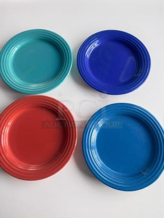 Assorted color stoneware plates in turquoise, blue, and red. Exceptional condition, commercial restaurant use, set of 188.