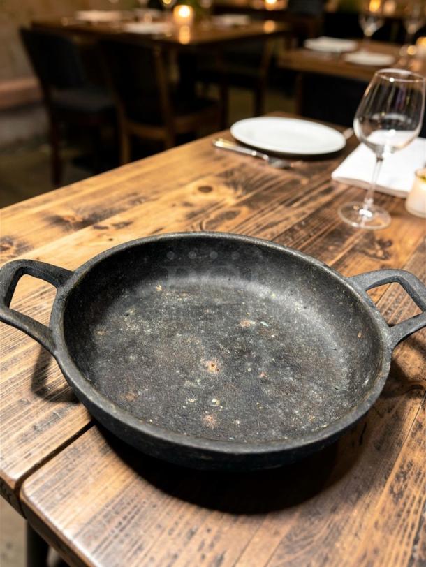 Commercial Mini Cast Iron Skillet, dual handle, heavy-duty. High-quality condition, ideal for restaurants. Set of 2.