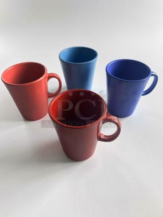 Assorted colorful commercial coffee mugs in excellent condition, heavy-duty for restaurant use. Models: Classic Restaurant Coffee Mug.