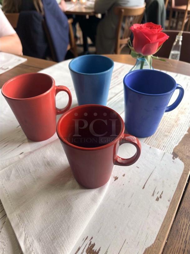 Assorted commercial coffee mugs in red and blue, heavy-duty restaurant drinkware, fully inspected, top-tier condition.